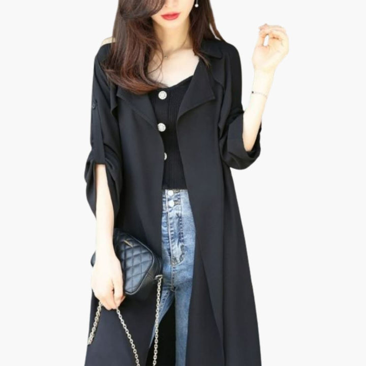 Yasmin - Women’s Long Trench Coat with Rolled Sleeves